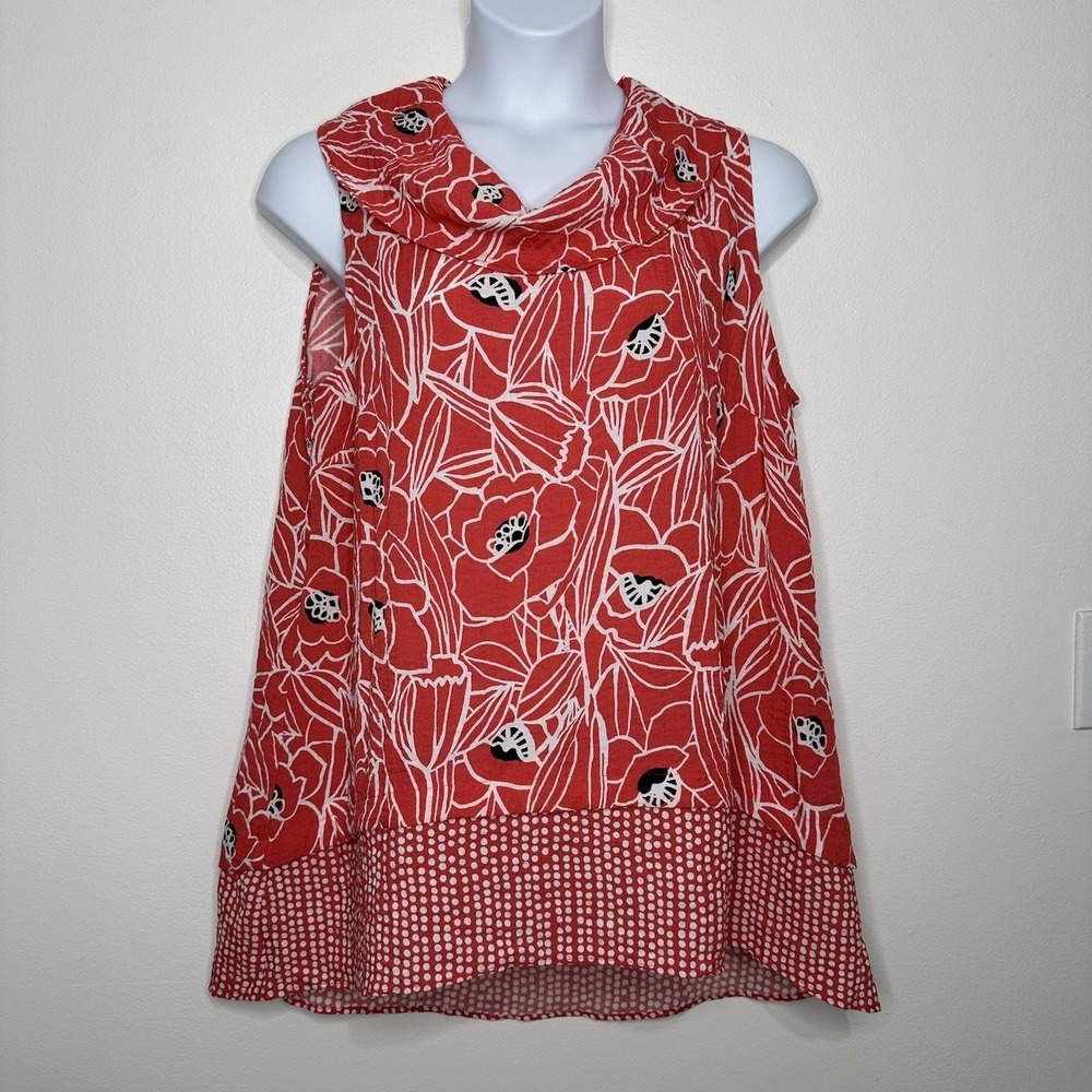 Habitat Sleeveless Tunic Top Sz XL Coral Floral Mix Print Dot Cowl neck